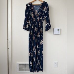 Blue Floral Maxi Dress with Bell Sleeves and V-neck | Size L